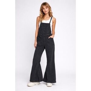 Free People Flare Overalls Womens Medium Charcoal Black Wide Leg Textured  Boho